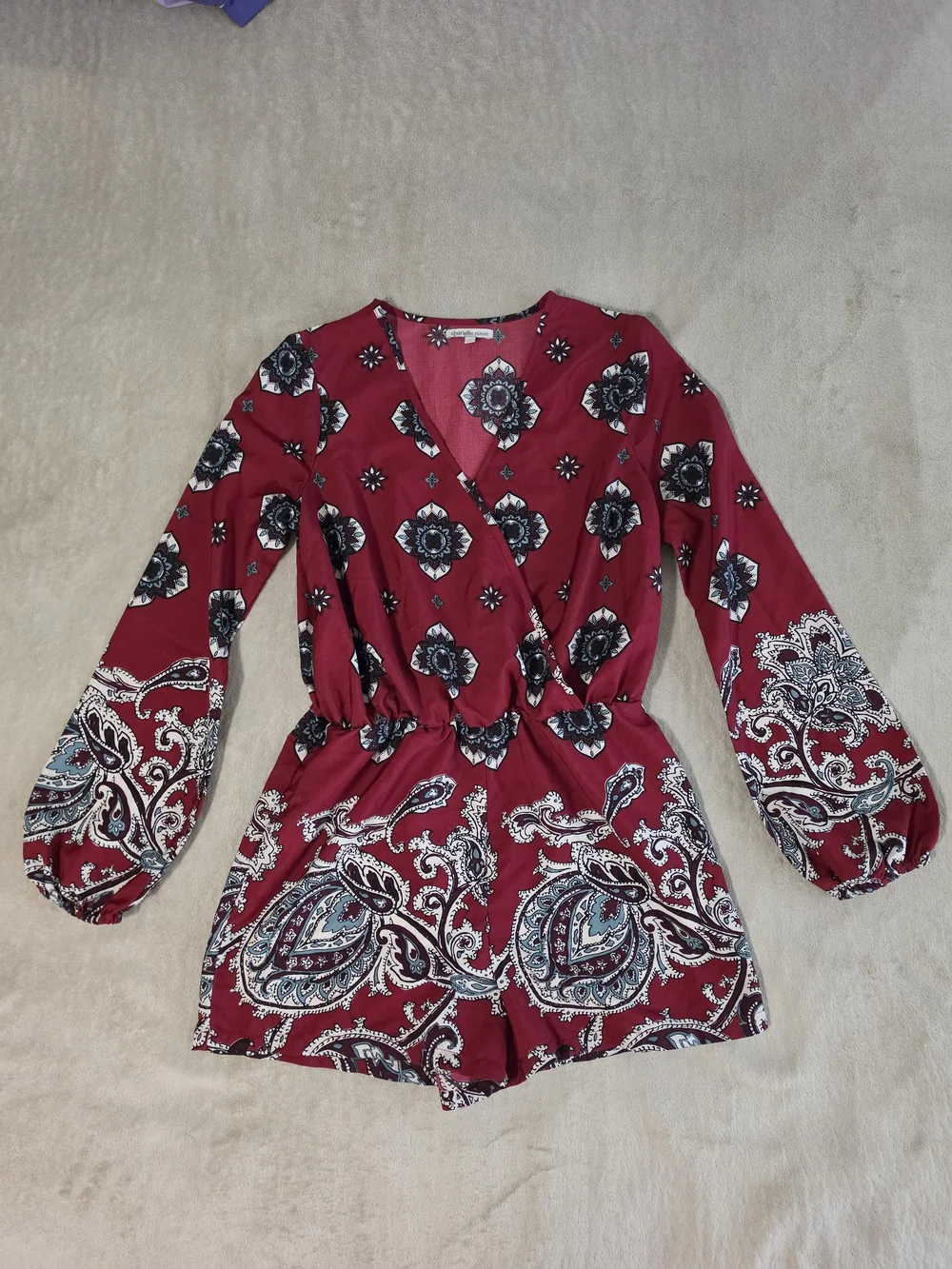 Charlotte Russe Burgundy Paisley Wrap-Style Romper